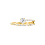 A yellow gold engagement ring with a round-cut diamond center stone and a matching diamond pavé band, shown on a plain white background.