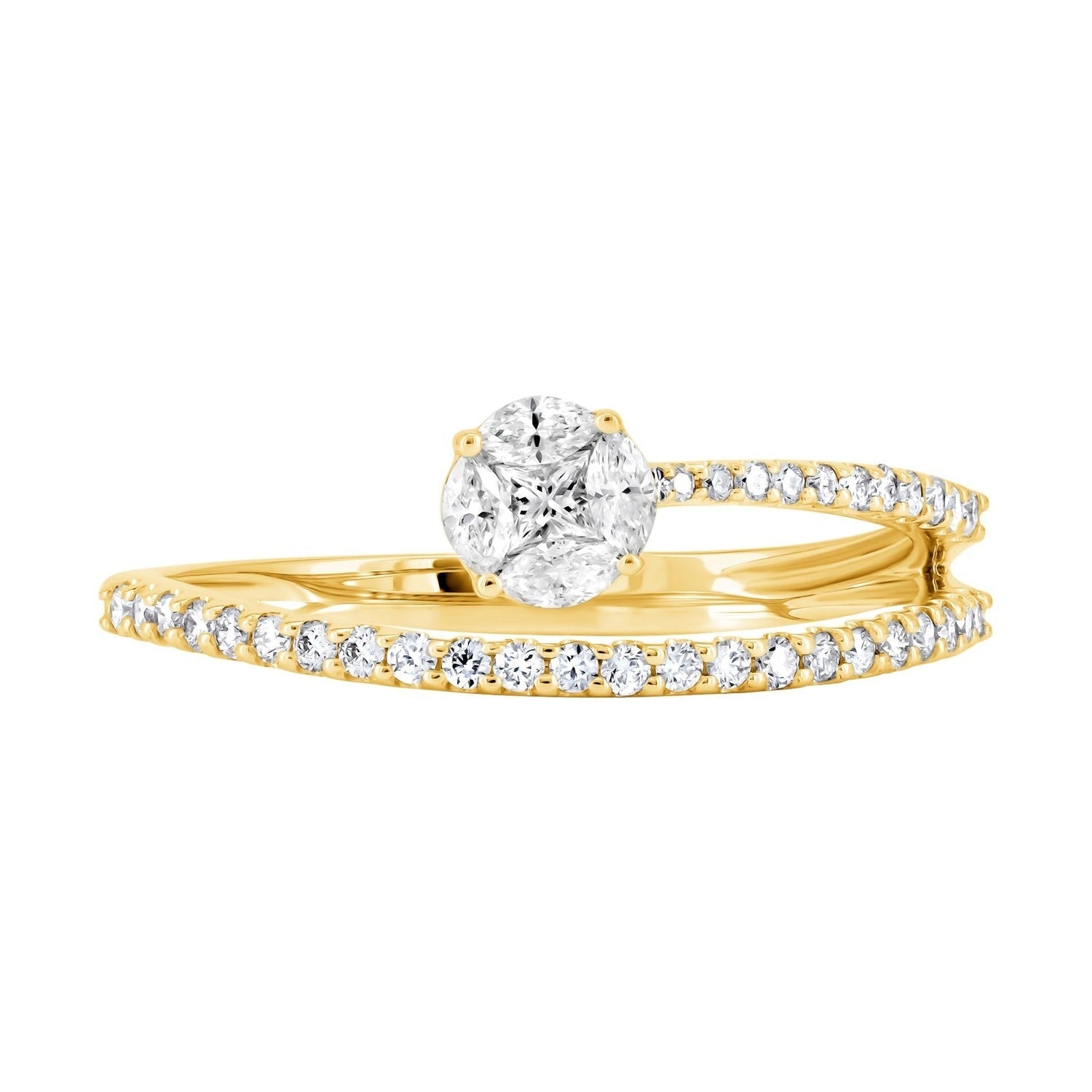 A yellow gold engagement ring with a round-cut diamond center stone and a matching diamond pavé band, shown on a plain white background.