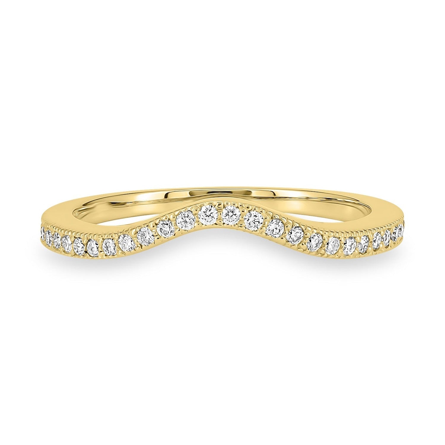 A gold wavy shadow  band ring with pavé-set clear stones along the front, shown on a plain white background.