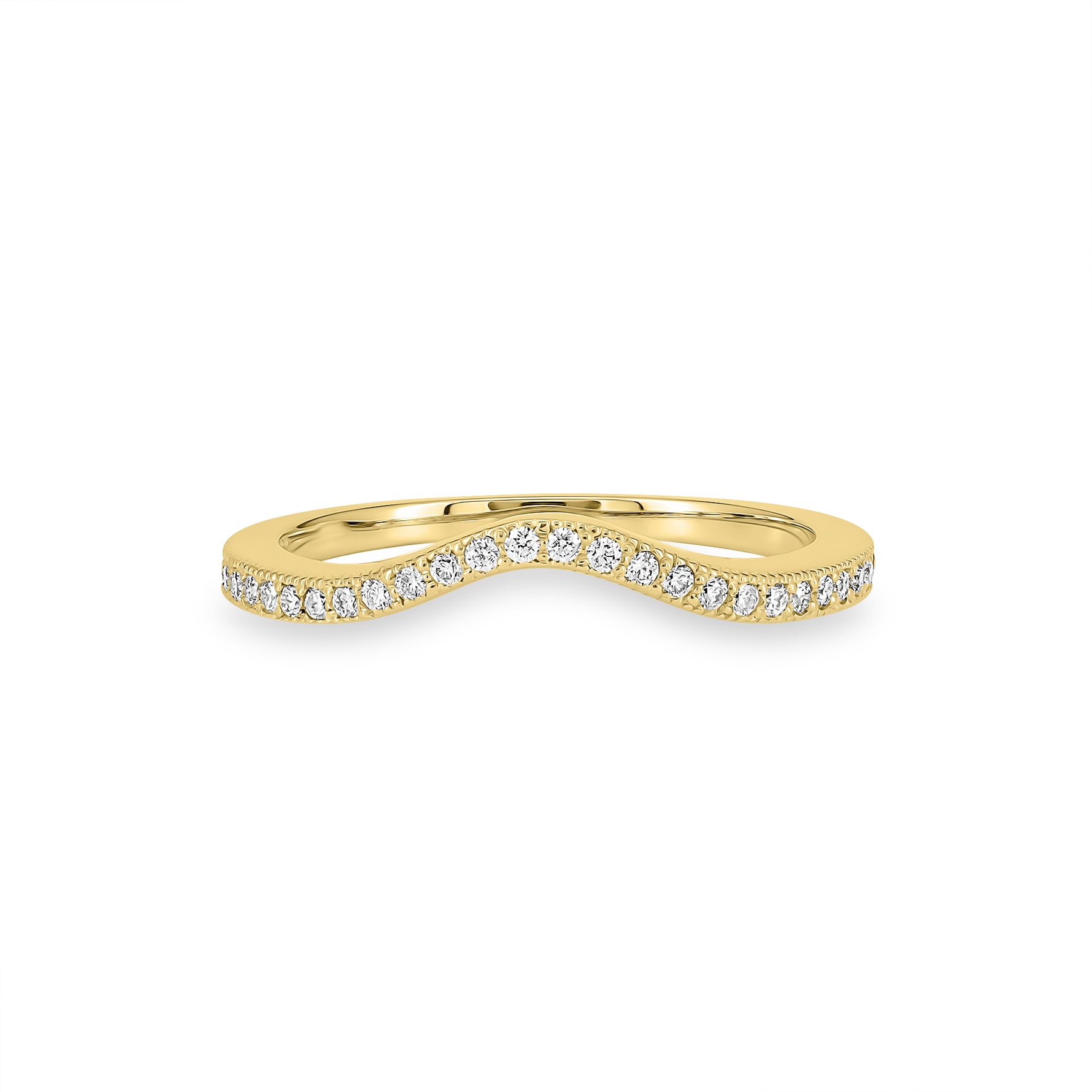 A gold wavy shadow  band ring with pavé-set clear stones along the front, shown on a plain white background.