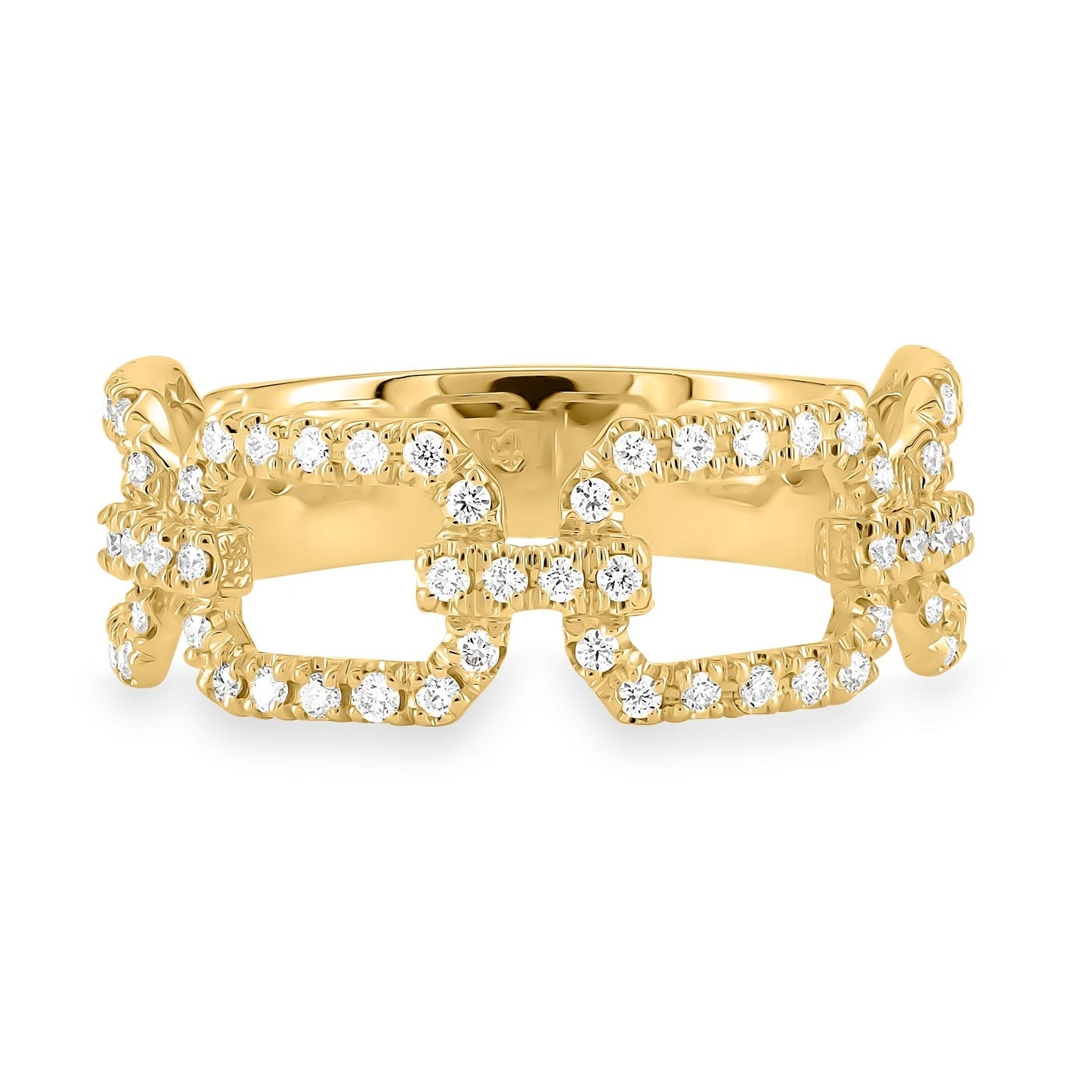 A gold and diamond chain link cuban ring featuring a double-row pavé setting with clear round-cut stones, photographed on a clean white background.