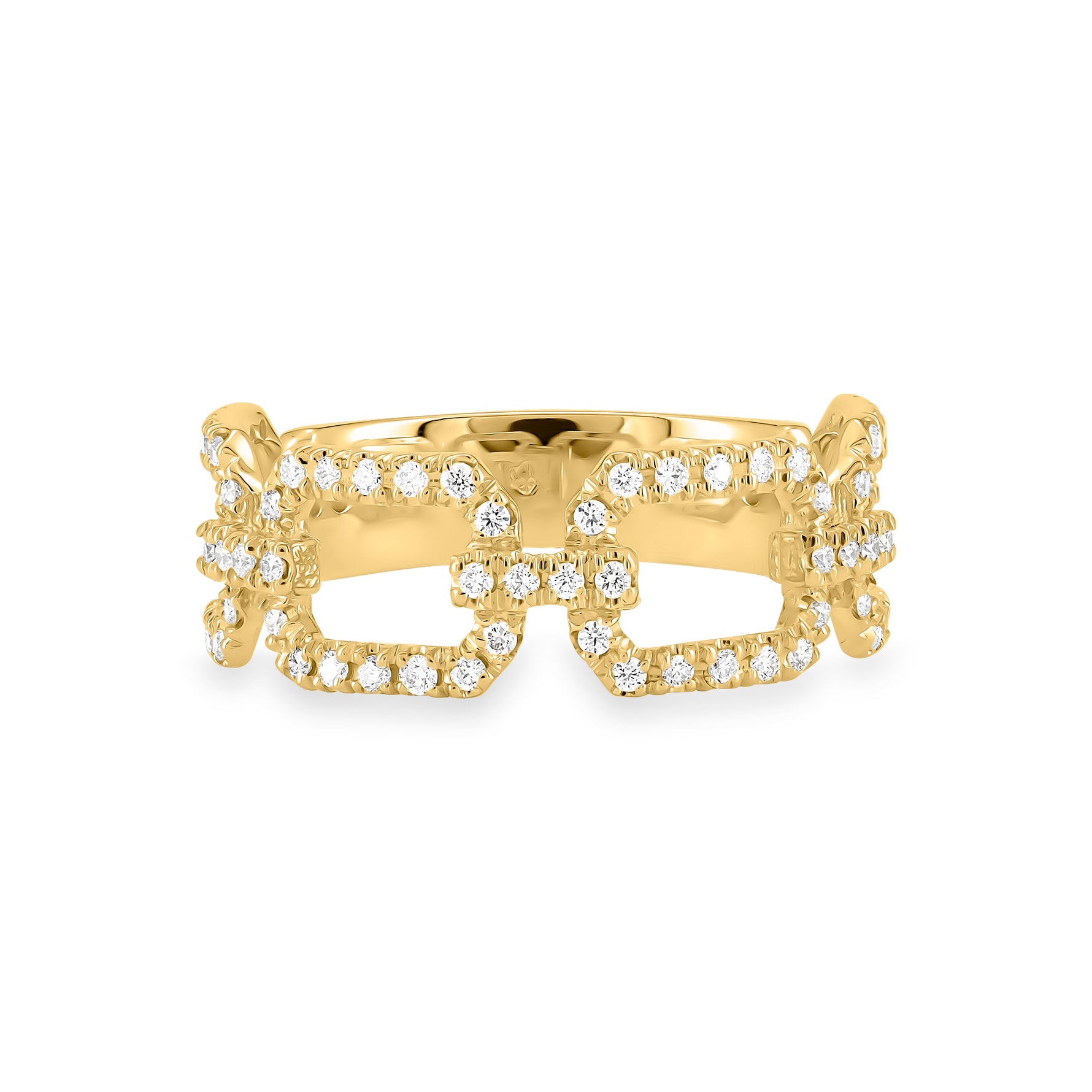 A gold and diamond chain link cuban ring featuring a double-row pavé setting with clear round-cut stones, photographed on a clean white background.